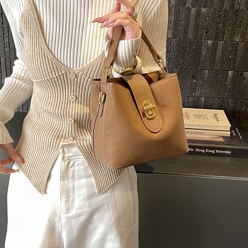 Top Handle Plain Faux Leather Bucket Bag