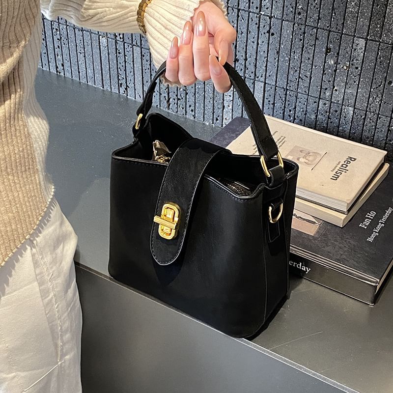Top Handle Plain Faux Leather Bucket Bag