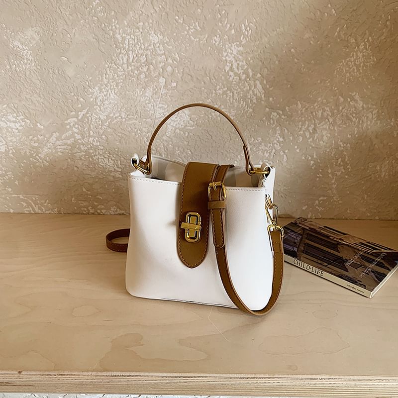 Top Handle Plain Faux Leather Bucket Bag