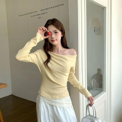 Mock Two-Piece Off-Shoulder Lace Panel Slim Fit T-Shirt