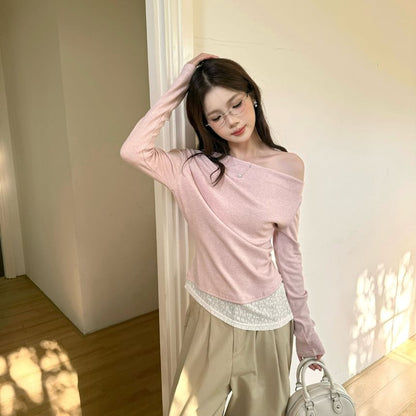 Mock Two-Piece Off-Shoulder Lace Panel Slim Fit T-Shirt
