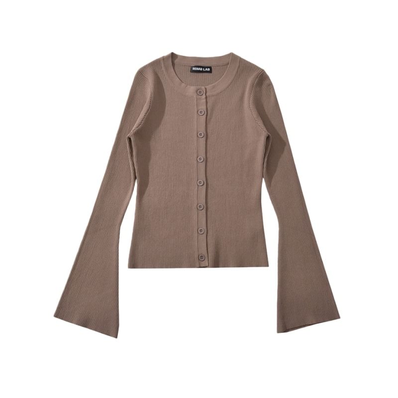 Crew Neck Button-Up Plain Crop Cardigan