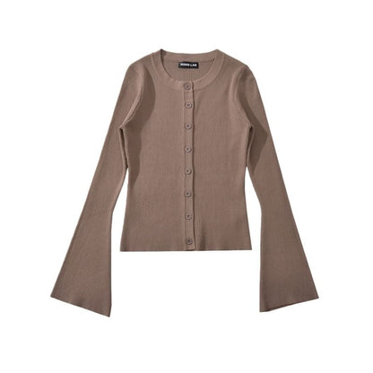 Crew Neck Button-Up Plain Crop Cardigan