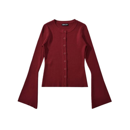 Crew Neck Button-Up Plain Crop Cardigan