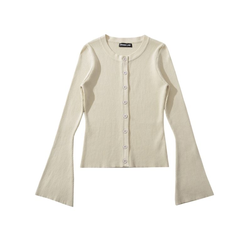 Crew Neck Button-Up Plain Crop Cardigan