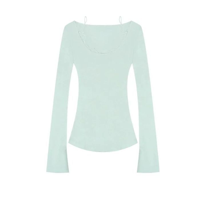 Mock Two Piece Scoop Neck Lace Trim Top