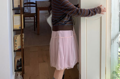 Crewneck Button-Up Striped Cardigan