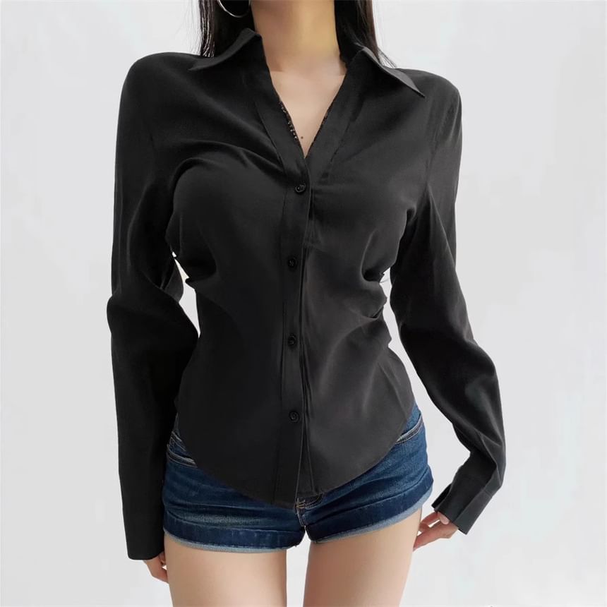 Long Sleeve V-Neck Lace Trim Blouse