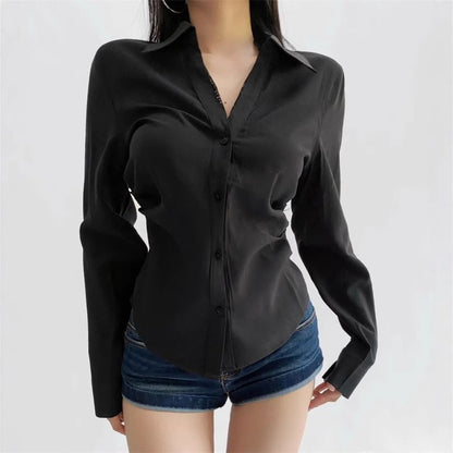 Long Sleeve V-Neck Lace Trim Blouse