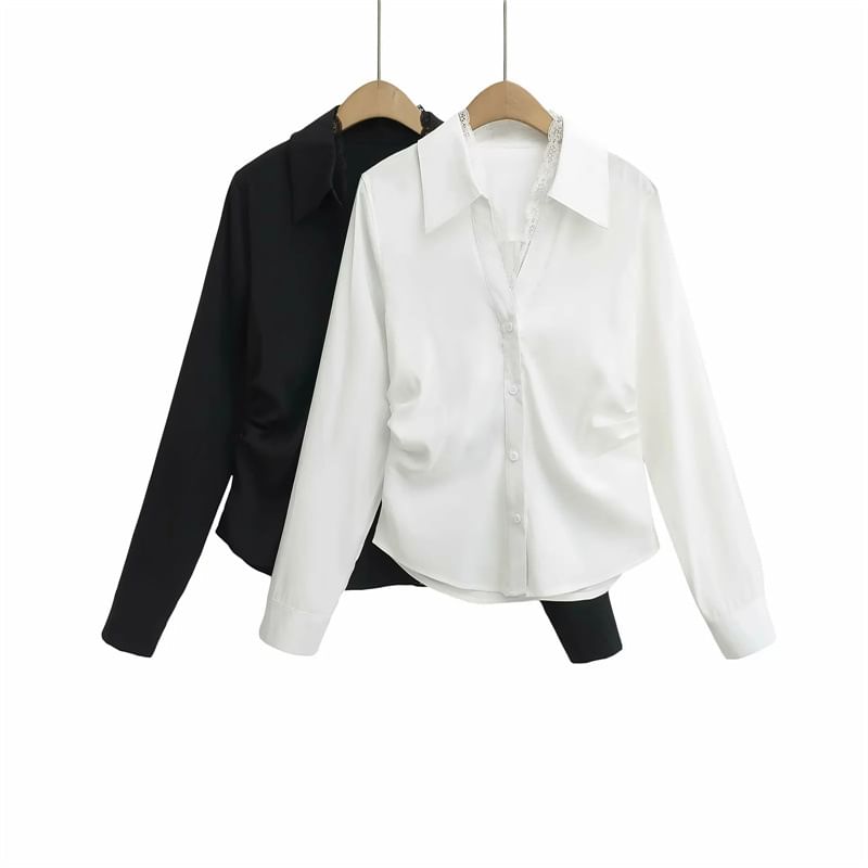 Long Sleeve V-Neck Lace Trim Blouse