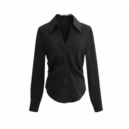 Long Sleeve V-Neck Lace Trim Blouse