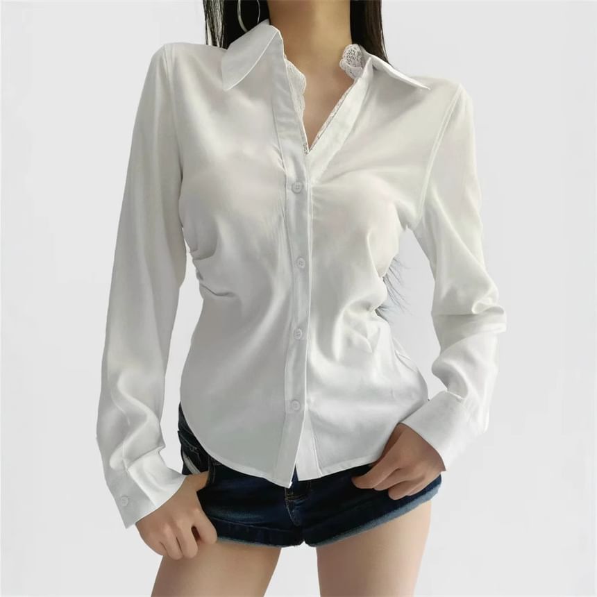 Long Sleeve V-Neck Lace Trim Blouse