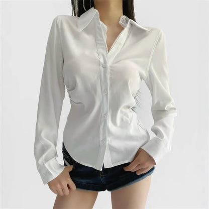 Long Sleeve V-Neck Lace Trim Blouse