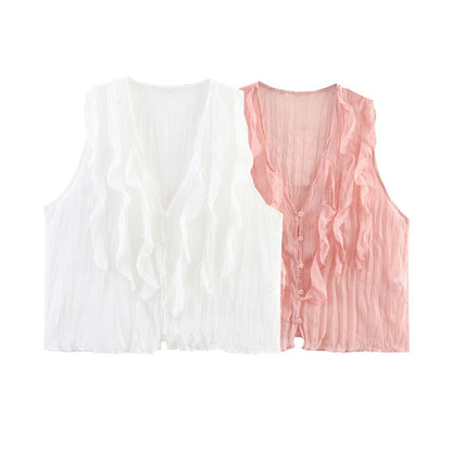 Ruffled V-Neck Sleeveless Flowy Blouse in Solid Hue