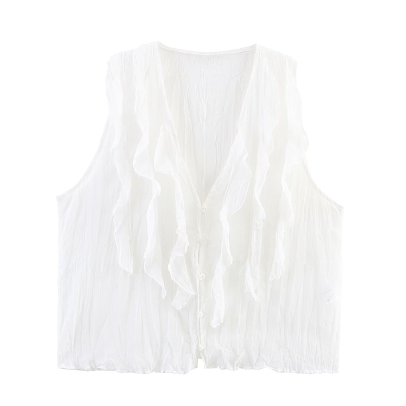 Ruffled V-Neck Sleeveless Flowy Blouse in Solid Hue