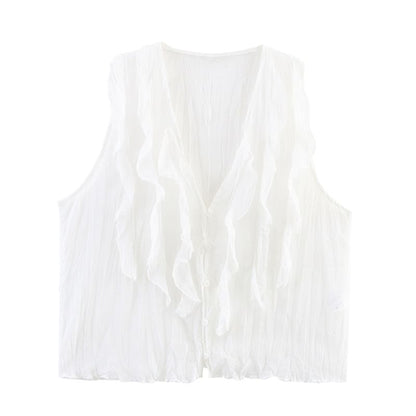 Ruffled V-Neck Sleeveless Flowy Blouse in Solid Hue
