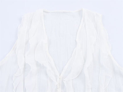 Ruffled V-Neck Sleeveless Flowy Blouse in Solid Hue