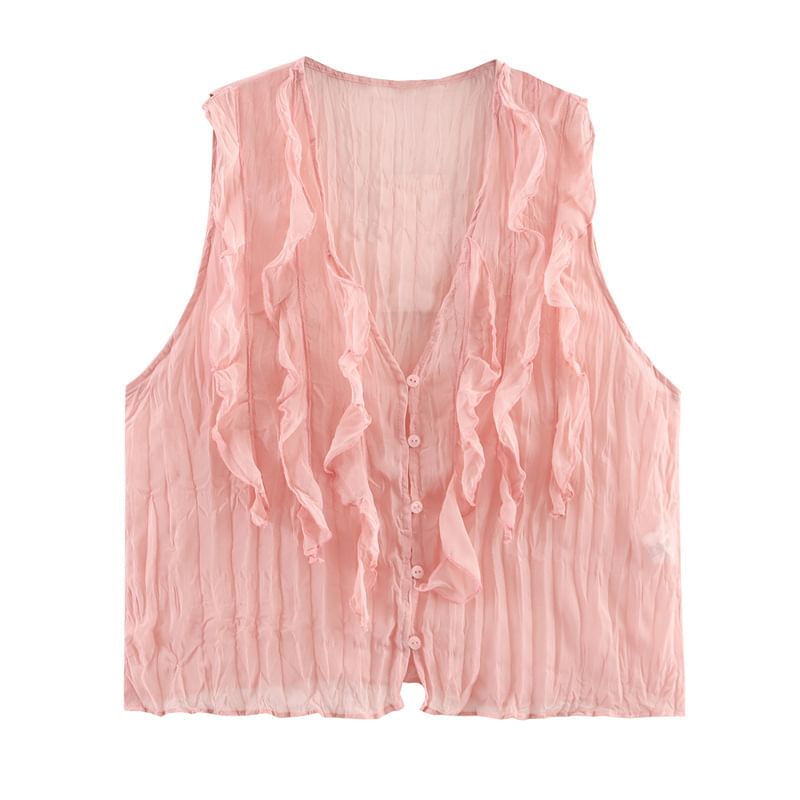 Ruffled V-Neck Sleeveless Flowy Blouse in Solid Hue