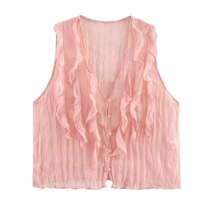 Ruffled V-Neck Sleeveless Flowy Blouse in Solid Hue