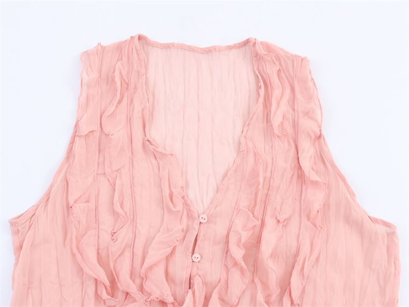 Ruffled V-Neck Sleeveless Flowy Blouse in Solid Hue
