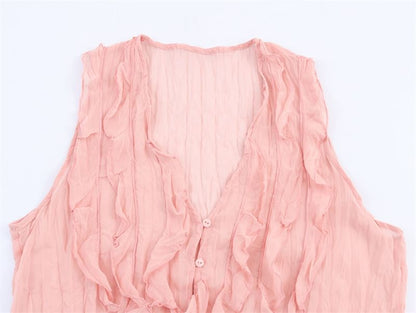 Ruffled V-Neck Sleeveless Flowy Blouse in Solid Hue