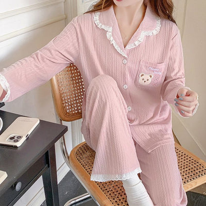 Lace Trim Button Up Pajama Set Top and Pants