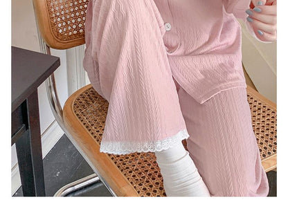 Lace Trim Button Up Pajama Set Top and Pants