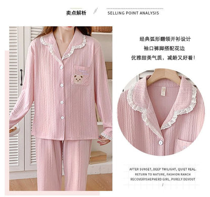 Lace Trim Button Up Pajama Set Top and Pants