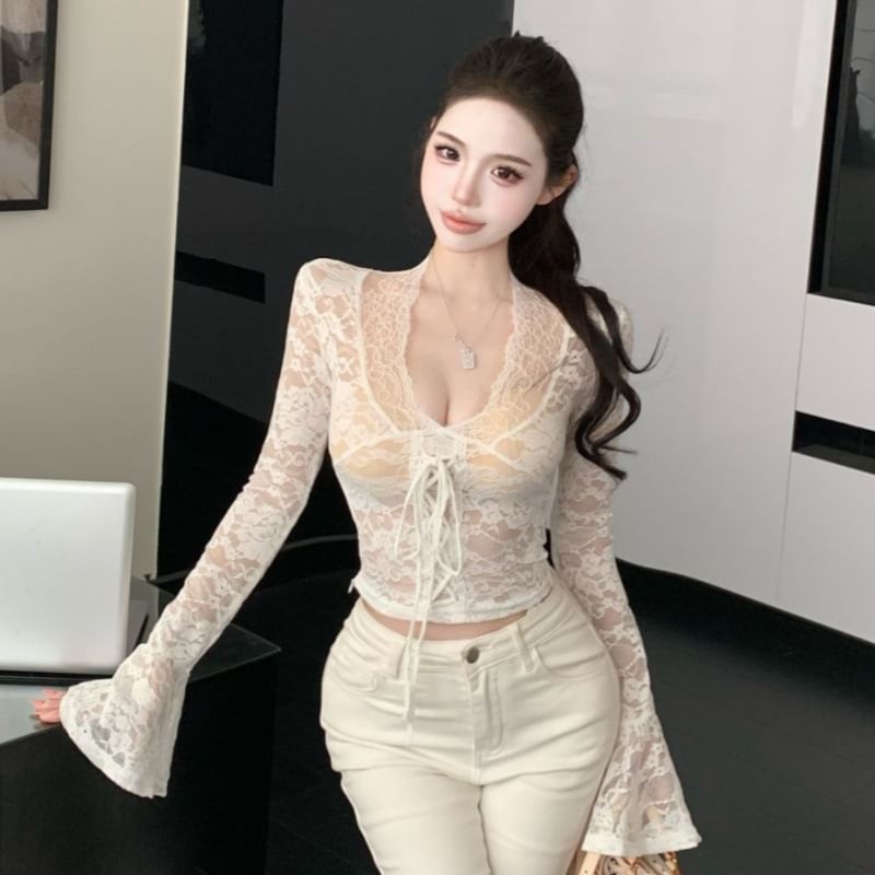 V Neck Lace Crop Long Sleeve Top
