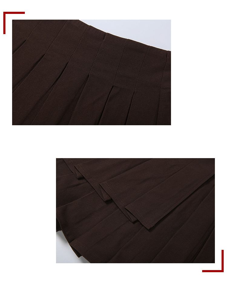 Halter Neck Lace Panel Open Back Crop Top / Low Rise Pleated Skirt