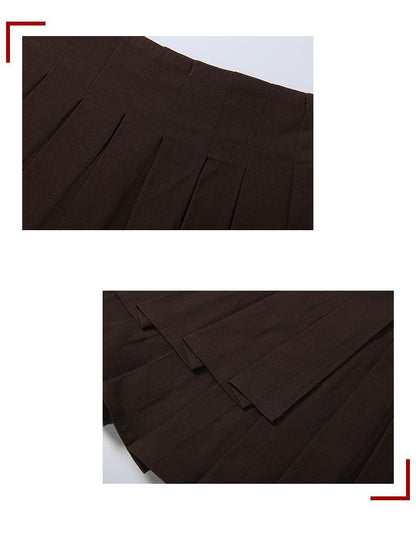 Halter Neck Lace Panel Open Back Crop Top / Low Rise Pleated Skirt