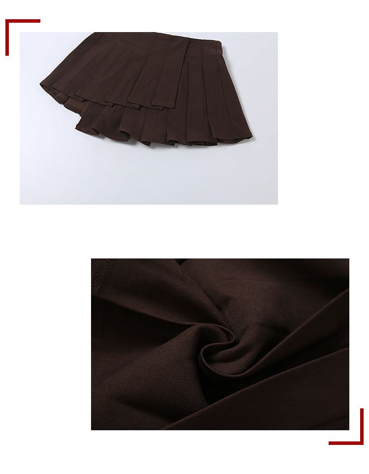 Halter Neck Lace Panel Open Back Crop Top / Low Rise Pleated Skirt