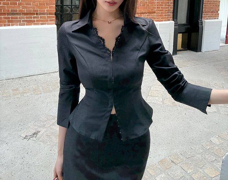 V-Neck Collared Lace Panel Crop Blouse with Hook and Eye