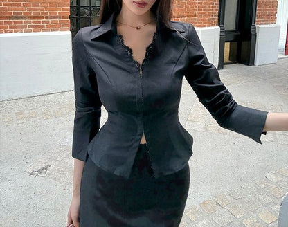 V-Neck Collared Lace Panel Crop Blouse with Hook and Eye