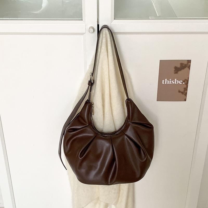 Ruched Faux Leather Shoulder Bag