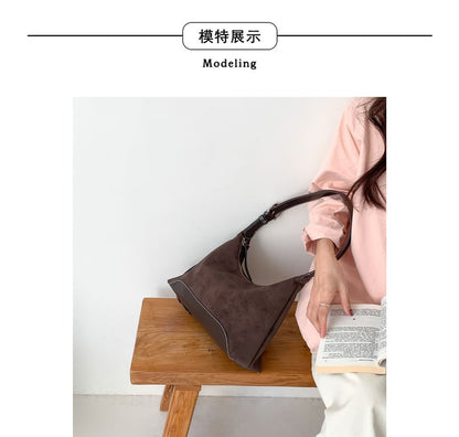 Buckled Panel Faux Suede Shoulder Bag