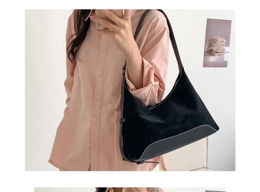 Buckled Panel Faux Suede Shoulder Bag
