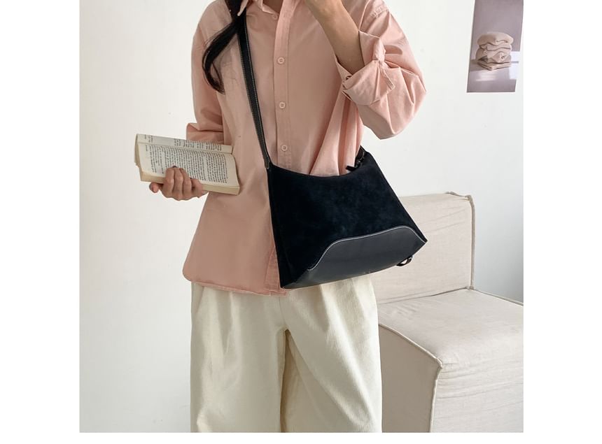 Buckled Panel Faux Suede Shoulder Bag