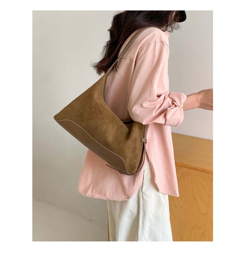 Buckled Panel Faux Suede Shoulder Bag