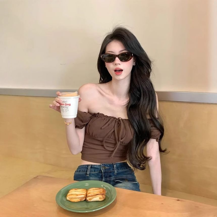 Puff Sleeve Off-Shoulder Crop Top with Drawstring - Fitted