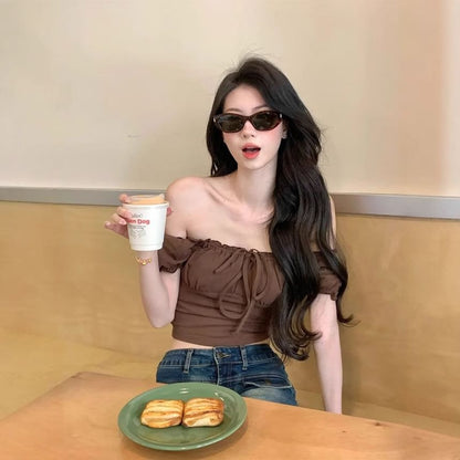 Puff Sleeve Off-Shoulder Crop Top with Drawstring - Fitted