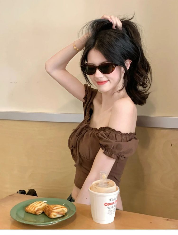 Puff Sleeve Off-Shoulder Crop Top with Drawstring - Fitted