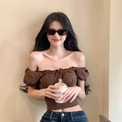 Puff Sleeve Off-Shoulder Crop Top with Drawstring - Fitted