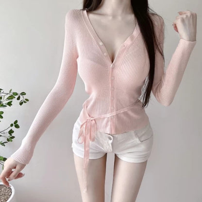 V-Neck Plain Ribbed Tie-Waist Cardigan