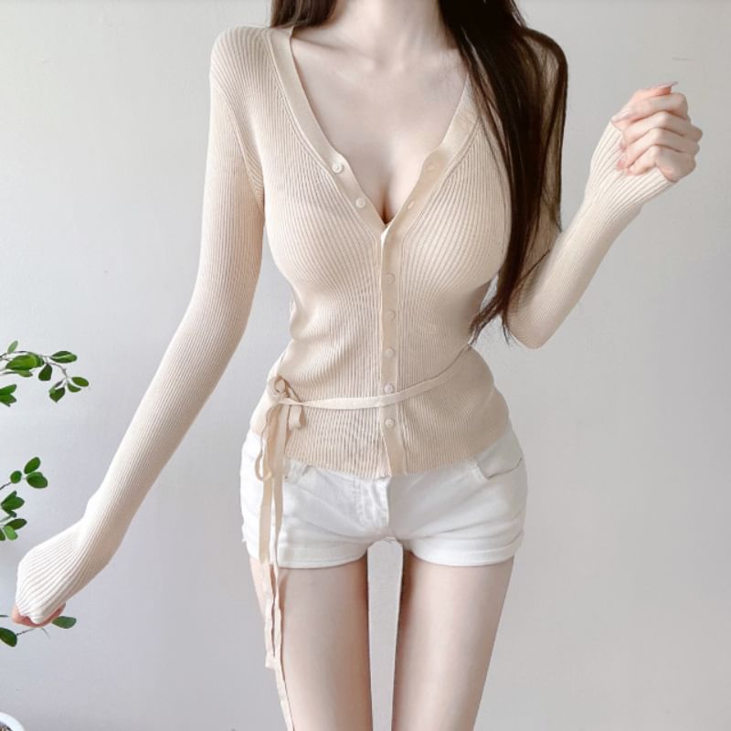 V-Neck Plain Ribbed Tie-Waist Cardigan