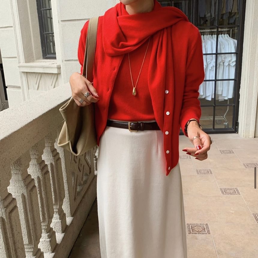 Knit Top with Cardigan and Scarf Set - Crew Neck Short Sleeve