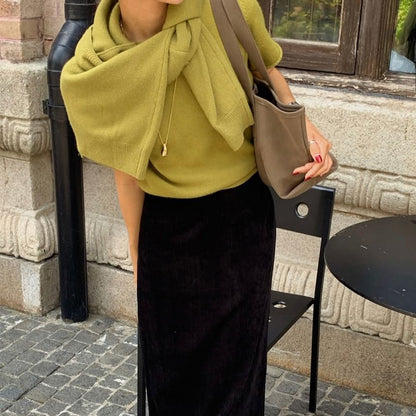 Knit Top with Cardigan and Scarf Set - Crew Neck Short Sleeve