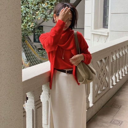 Knit Top with Cardigan and Scarf Set - Crew Neck Short Sleeve