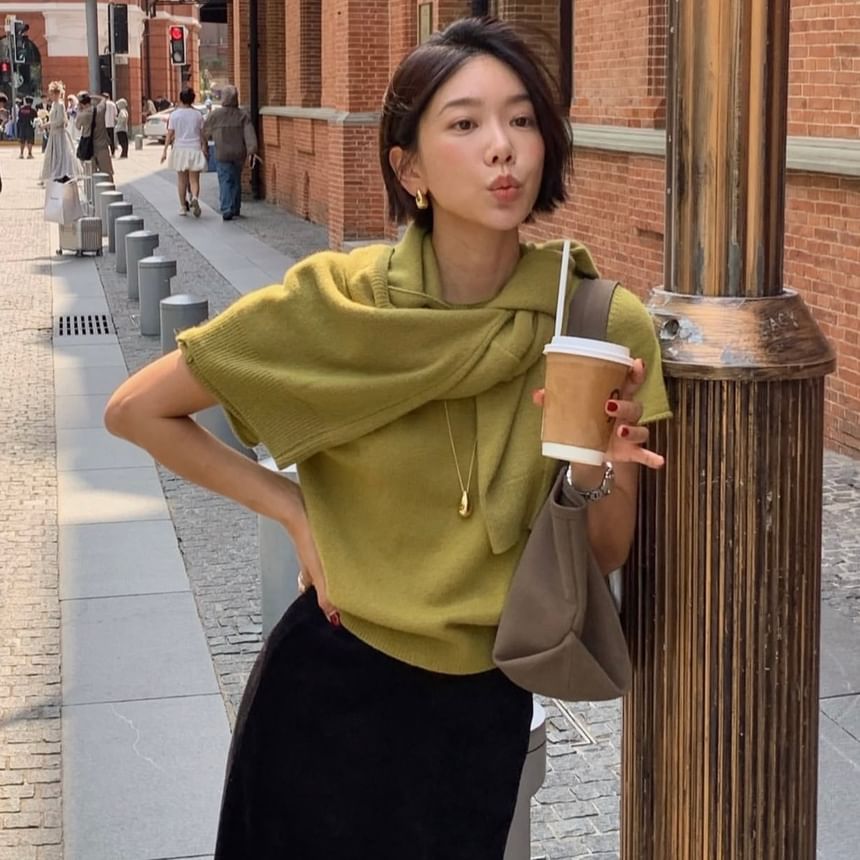 Knit Top with Cardigan and Scarf Set - Crew Neck Short Sleeve