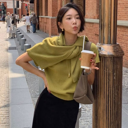 Knit Top with Cardigan and Scarf Set - Crew Neck Short Sleeve